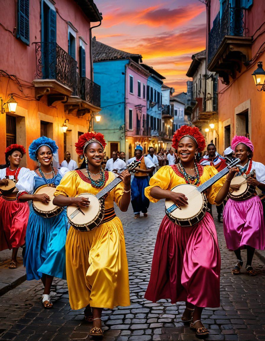 A lively street scene in Bassoro, featuring musicians playing traditional instruments, colorful street art, and dancers in vibrant costumes, capturing the essence of music and culture. The atmosphere should be filled with joyful spectators and a backdrop of historical architecture, all drenched in the warm glow of sunset. super-realistic. vibrant colors. dynamic composition.