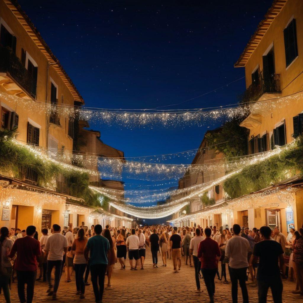 A vibrant scene depicting various artists passionately performing at a lively outdoor event in Bassoro, showcasing a diverse crowd enjoying the music. Include colorful street art murals in the background and twinkling fairy lights overhead, creating a festive atmosphere. Capture the essence of the local culture with dance, creativity, and connection, highlighting the soul of Bassoro. super-realistic. vibrant colors. night setting.
