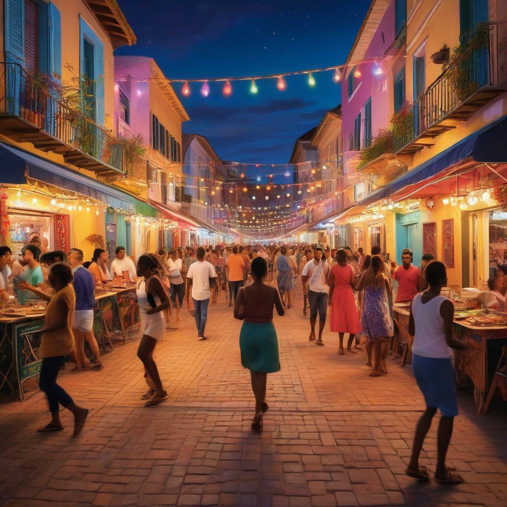 A vibrant street scene showcasing a lively music festival in Bassoro, where diverse groups of people come together to dance and celebrate. Colorful lights illuminate the crowd, and musicians play traditional instruments blended with modern beats. Include elements of local culture, like art and food stalls, with a backdrop of lively street murals. Energetic atmosphere, community spirit, and cultural fusion are embodied in the image. super-realistic. vibrant colors. dynamic composition.